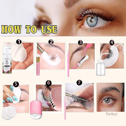 100ML Lash Shampoo Kit for Extensions with USB Fan, 50 Eyelash Brushes, 100 Micro Brushes, 2 Shampoo Brushes, 2 Sponges and Rinse Bottle