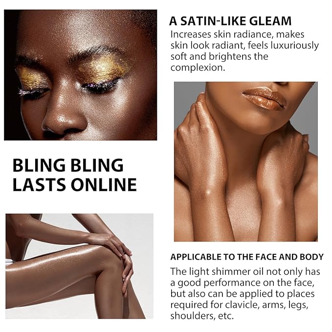 4 Colors Shimmer Body Oil Face Glitter Summer Body Moisturizing Light Shimmering Glow Non-Sticky Party Luminizer and Illuminator Smooth (3.38 Fl Oz Pack of 1, Rose Gold)