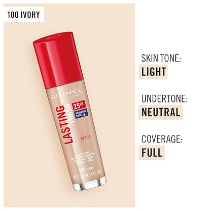 Rimmel London Lasting Finish 25HR - 100 Ivory - Foundation, 25-Hour Wear, Full Coverage, Waterproof, 1oz