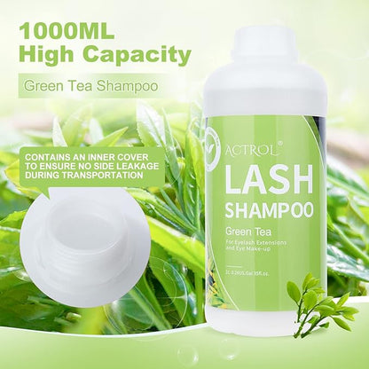 Eyelash Extension Cleanser Green Tea 1L Natural Lash Extension Shampoo Professional Eyelid Foaming Cleanser Paraben & Sulfate Free Non-lrritating with Salon and Home Care