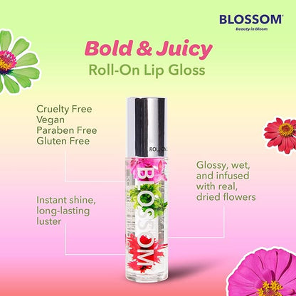 Blossom Roll on Lip Gloss, Scented Clear High Shine Moisturizing Lip Oil, Non Sticky, Infused with Real Flowers, Made in USA, 0.2oz, Watermelon