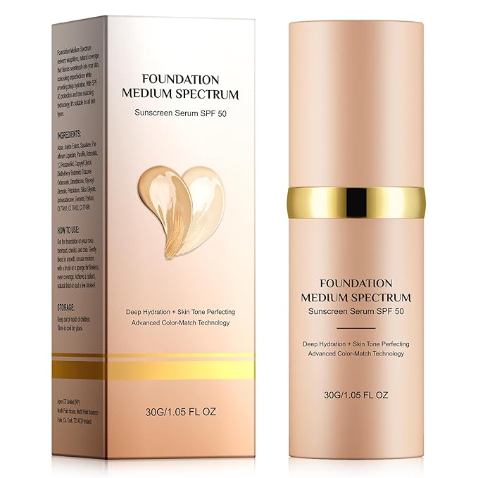 Foundation 4 in 1 - Medium Spectrum with SPF 50+, Anti-Aging, Concealer, Sun Protection, Hydrating Color Changing Foundation Makeup Liquid - Longwearing & Waterproof for Sport, Dancing (1PC, 30ml)