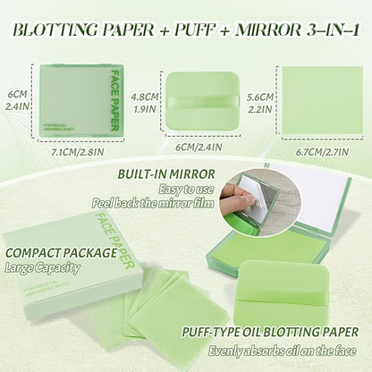 BOROLA 3-in-1 Oil Blotting Paper Set for Face 100 Sheets Oil Absorbing Sheets with Portable Mirror & Adhesive Makeup Puff, Blotting Papers for Oily Skin, Design for Men & Women(Green)