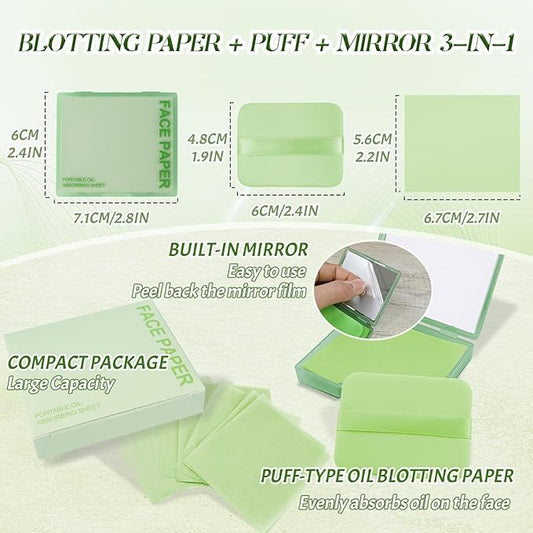 BOROLA 3-in-1 Oil Blotting Paper Set for Face 100 Sheets Oil Absorbing Sheets with Portable Mirror & Adhesive Makeup Puff, Blotting Papers for Oily Skin, Design for Men & Women(Green)