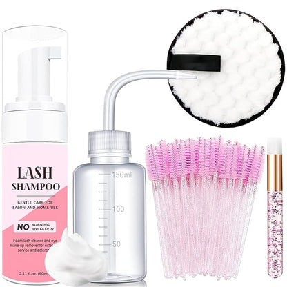 50ml Eyelash Extension Cleanser, Lash Shampoo for Lash Extensions 50pcs Eyelash Brush Cleaning Brush Makeup Remover Pad and Rinse Bottle for Lash Cleaning for Salon Home Use（Pink）