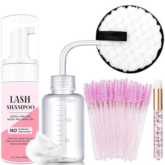50ml Eyelash Extension Cleanser, Lash Shampoo for Lash Extensions 50pcs Eyelash Brush Cleaning Brush Makeup Remover Pad and Rinse Bottle for Lash Cleaning for Salon Home Use（Pink）
