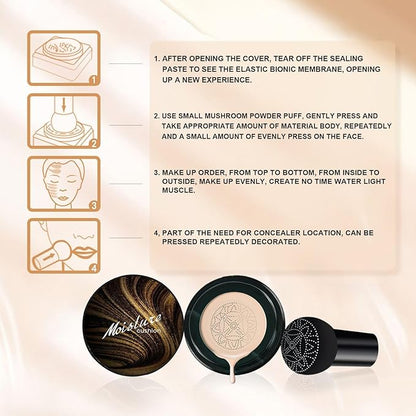 Mushroom Head Air Cushion CC Cream for Women Skin Concealer Brighten Long-Lasting Face Makeup Gold Packaging，Strong Concealer, Waterproof & Oil Control (Buff Beige)