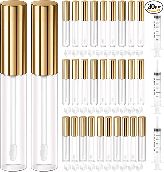 KPX 30 Pcs lip Gloss Tube Containers Bulk Wand 10ml Empty Clear Pink Lip Oil Tubes Refillable Lip Balm Bottles with Rubber Insert for DIY Makeup Such as Lip Samples, Homemade Lip Balm (Golden)