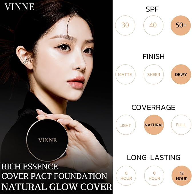VINNE Korean Cushion Foundation, Lightweight, Essence Makeup Natural and Dewy Finish, 12-Hour Lasting Effect, 0.42 Oz- #21 Light Beige (Refill Not Included)