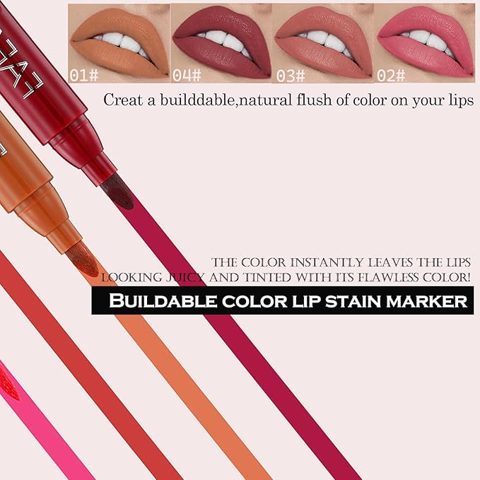 2 Color Lip Stain Tip Marker Set,Hydrating & Long Lasting Lip Liner Stain Waterproof Smudgeproof Lip Tint Matte Lip Maker with Easy Drawing Tip (Pumpkin + Cherry)