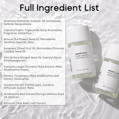 Heartleaf Pore Control Cleansing Oil Mini, Makeup Blackhead Remover, Travel Size, Korean Skin Care, Oil Cleanser for Face (20ml / 0.67 fl.oz.)
