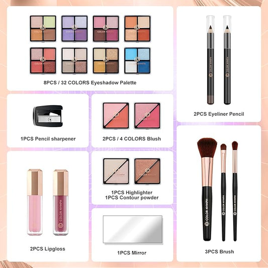 Color Nymph Starter Makeup Kit for Tweens Girls With Train Case, Full Starter Cosmetics Makeup Set Included Included 32 Colors Eyeshadow, Bronzer, Contour Powder, Blush, Highlighter, Lip Gloss (Pink)