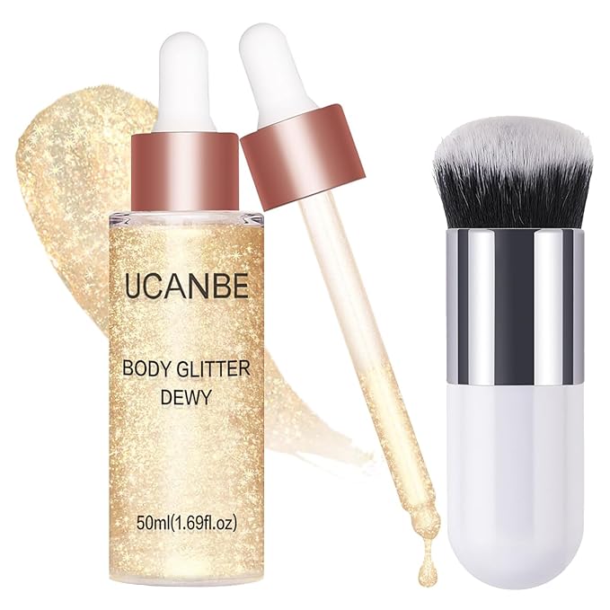 UCANBE Face Body Glitter Liquid Highlighter Illuminator Dewy Drops with Makeup Brush, Makeup Sparkle Shine Luminizer Enhancer Skin Tint 50ml/1.69oz (01 Champagne Gold, Standard)