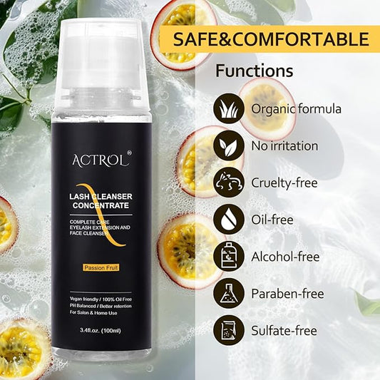 Eyelash Cleanser Concentrate 100ml Passion Fruit Professional Lash Shampoo Foaming Cleanser Lash Wash Concentrate for Extensions Lashes with Salon Home Care-Makes 40 Bottles Passion Fruit