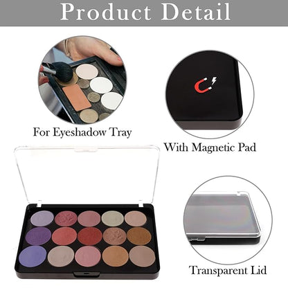 VANANA Magnetic Makeup Palette, DIY Empty Eyeshadow Blush Highlighter Cosmetics Case Holder Tray (Black (Clear Lid), 14x10cm - Palette & 15Pcs Round Pan)