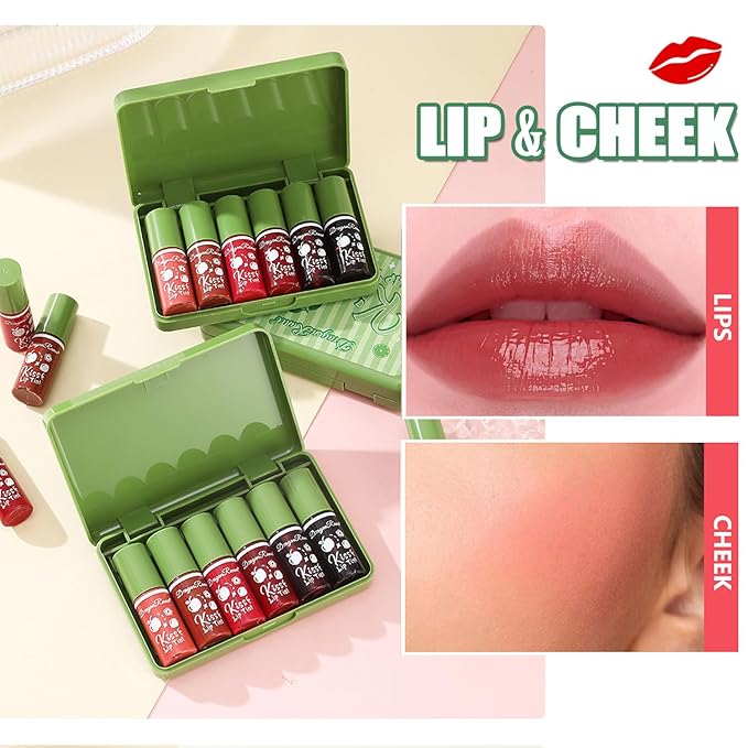 6 Colors Lip Tint Stain Set, Lip Stain Long Lasting Waterproof, Non-sticky & Lightweight Lip Tint, Multi-Use Liquid Blush & Lip Stain, Korean Lip Gloss with Moisturizing Lip Color Tint