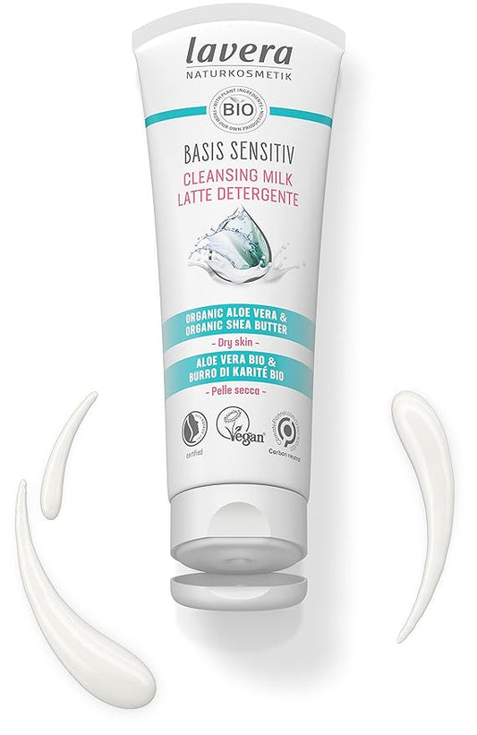 lavera Basis Sensitive Cleansing Milk - Facial Cleanser with Aloe Vera & Shea Butter for Soft Skin - Make Up Remover - Face Wash - PETA Certified - Vegan - Made in Germany - 4.3 Fl Oz