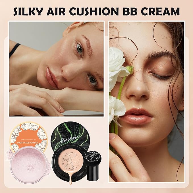 CAHIUYOA 2PCS Mushroom Head Air Cushion CC Cream Foundation Pink Setting Powder Loose Powder Makeup Set Long Lasting Oil Control Loose Setting Powder Moisturizing BB Cream Full Coverage Foundation