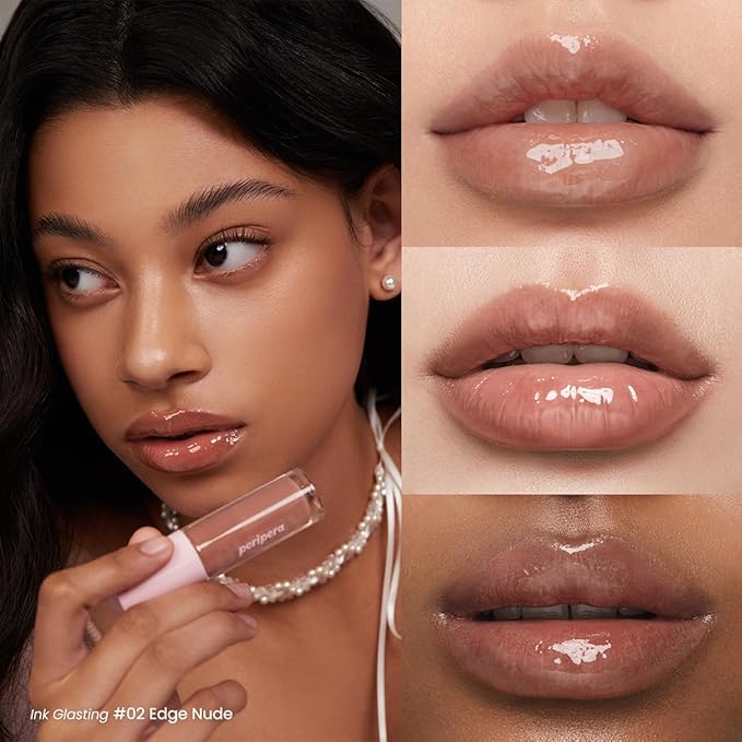 Peripera Ink Glasting Lip Gloss, Non-Sticky, Gloss Shine, 4XL Wand for Easy Application, Korean Lip Gloss, Fuller Looking Lips, Buttery Soft, Long Lasting Lip (002 EDGE NUDE)