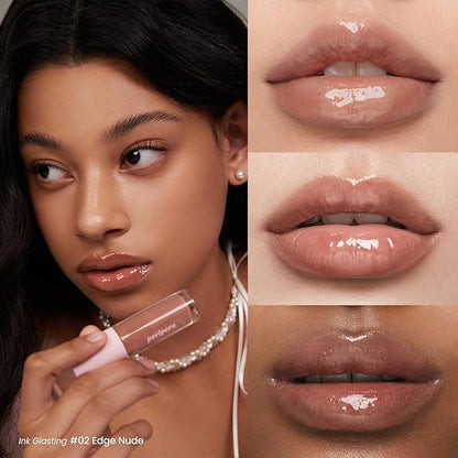 Peripera Ink Glasting Lip Gloss, Non-Sticky, Gloss Shine, 4XL Wand for Easy Application, Korean Lip Gloss, Fuller Looking Lips, Buttery Soft, Long Lasting Lip (002 EDGE NUDE)