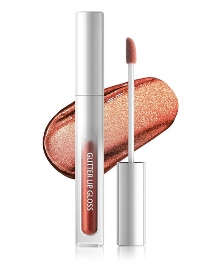 Gold Brown Metallic Liquid Lipstick, Non-Stick Cup Glitter Lip Gloss, High Pigmented Lip Color with Transfer-proof Wear, Long Lasting Waterproof Shimmer Sparkly Lipstick Cosplay Makeup for Women-05