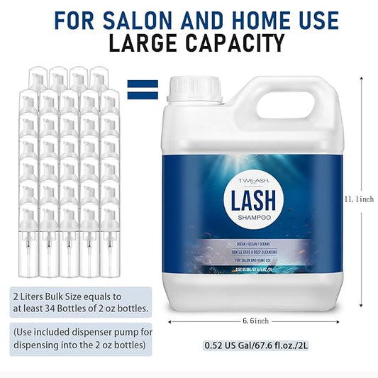 Lash Shampoo Bulk, Eyelash Cleanser for Extensions 2 Liters, Dispenser Pump, Safe Makeup Remover, Non-irritating or Burning Eyelid Foaming Cleanser for Professional Salon and Home Use (Ocean-2L)
