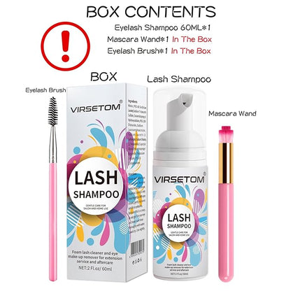 Vemofoper Lash Shampoo for Lash Extensions, Eyelash Extension Cleanser 60ml + Rinse Bottle + Brushes, Lash Bath for Eyelash Extensions, Lash Cleaner, Paraben & Sulfate Free, Salon and Home Use