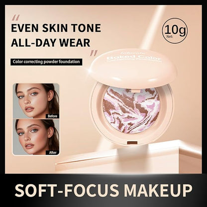 Baked Color Correcting Foundation – Lightweight Airy Finish Powder Makeup with Mirror, Subtle Glow, Oil Control, Long Lasting – Fine Texture for Smooth Light to Medium Coverage (#1 Fair)