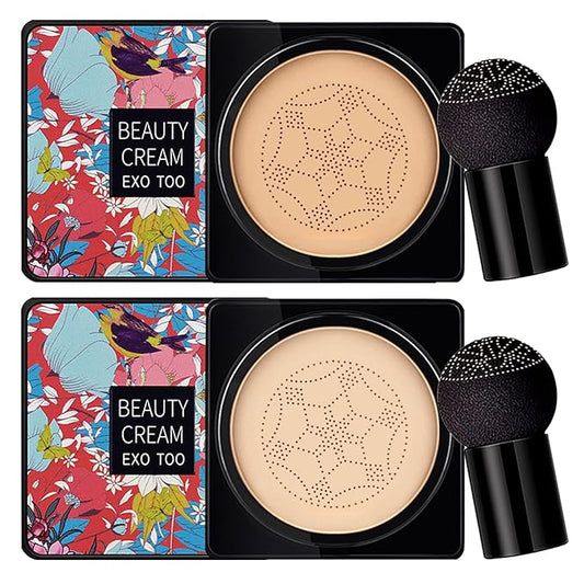 NUIBO 2PCS Air Cushion CC Cream Mushroom Head, Moisturizing Concealer Makeup Base, Primer Liquid Foundation Long Lasting with Two Mushroom Makeup Sponges 【1 X Natural & 1 X Ivory】