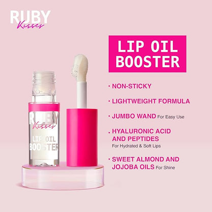 Ruby Kisses Lip Oil Booster, Hydrating Lip Gloss with Nourishing Natural Oil Blend, Jumbo Wand for Easy Application, Non-Sticky Formula (Clear)