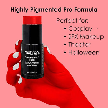 Mehron Makeup CreamBlend Stick | Face Paint, Body Paint, & Foundation Cream Makeup | Perfect for Halloween .75 oz (21 g) (Really Bright Red)