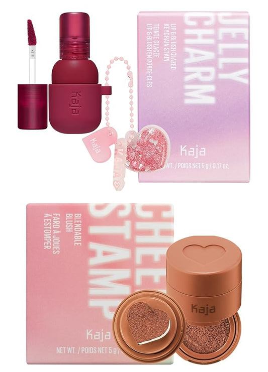 Kaja Lip & Blush Glazed Keychain Stain - Jelly Charm 01 Cherry Spritz + Blush - Cheeky Stamp 07 Spicy, 0.17 Oz Bundle