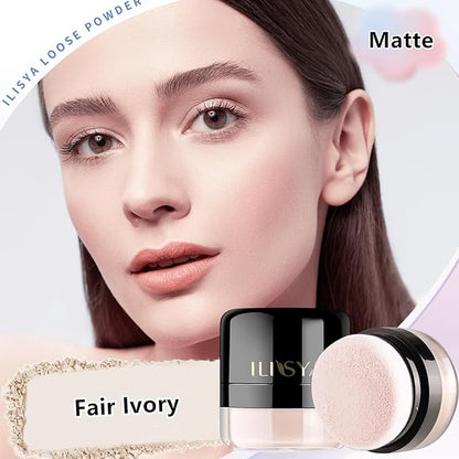Setting Powder Lightweight Loose Powder Finishing Powder Long-Lasting Face Powder Waterproof with Soft Mushroom Powder Puff & Mirror, Matte Finish,0.28 Oz (Fair Ivory/Matte)