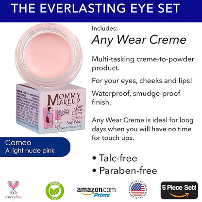 The Everlasting Eye 5 Piece Waterproof Makeup Set. Gel Eyeliner, Creme Eyeshadow, 2 brushes and Mesh Bag. Paraben-free, Talc-free, Cruelty-free. Cameo/Chocolate Kiss 2302