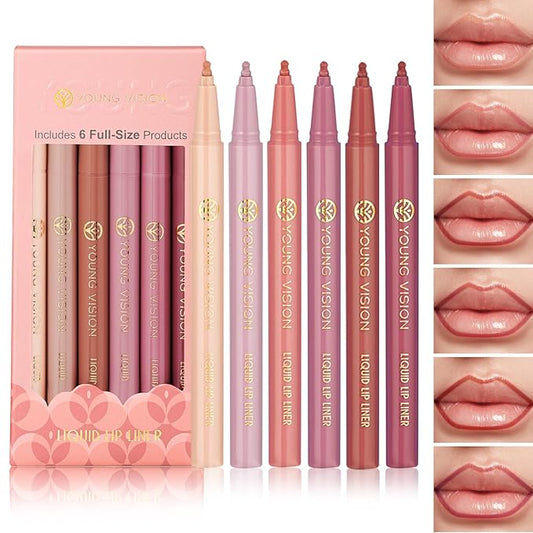 YOUNG VISION 6-Pc Lip Liner Set, Gourd-Shaped Precision Tip, Long-Lasting, Smudge-Proof, Easy Glide Nude Matte Lip Contour for Women, Perfect for Precise Lip Definition, Gift Set