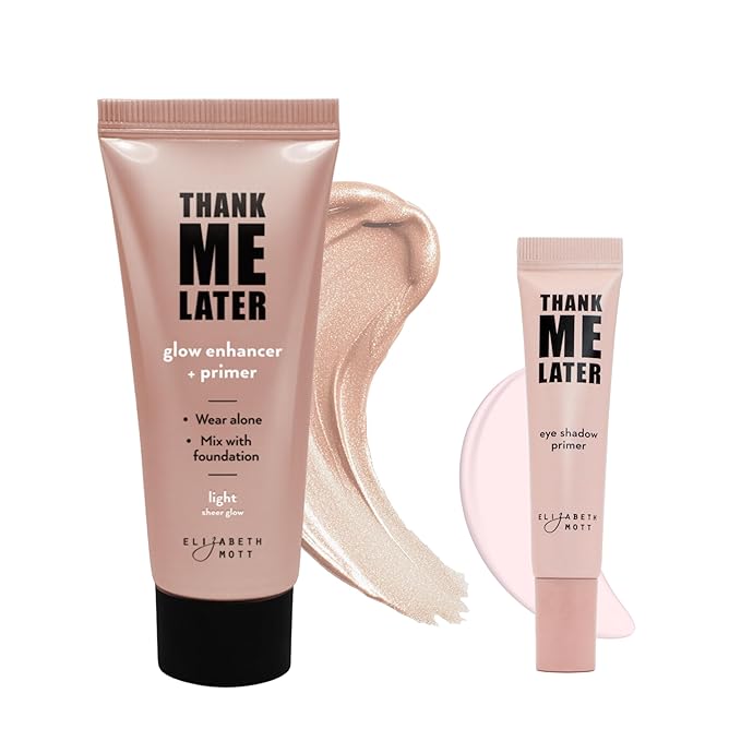 Elizabeth Mott Thank Me Later Makeup Bundle: Glow Enhancer Primer (Light Sheer, 30g) & Long-Lasting Eye Primer (10g) - Cruelty-Free, Shine Control, Pore Minimizer, Paraben & Sulphate-Free