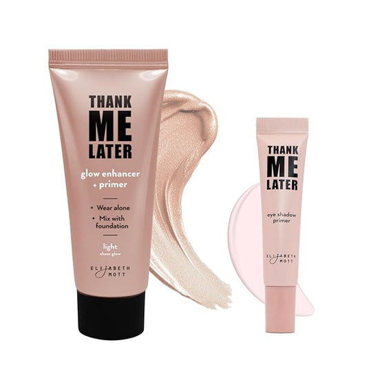 Elizabeth Mott Thank Me Later Makeup Bundle: Glow Enhancer Primer (Light Sheer, 30g) & Long-Lasting Eye Primer (10g) - Cruelty-Free, Shine Control, Pore Minimizer, Paraben & Sulphate-Free