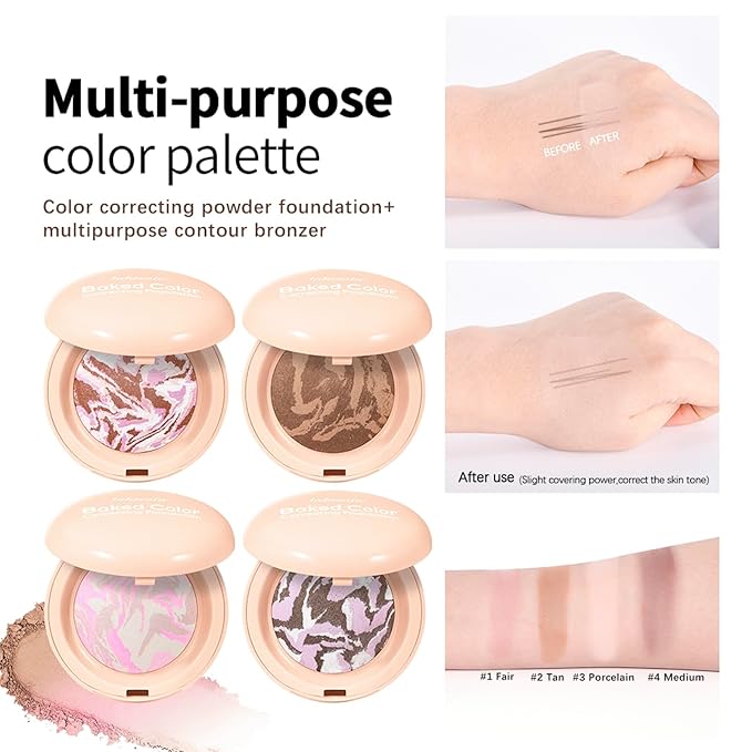 Baked Color Correcting Foundation – Lightweight Airy Finish Powder Makeup with Mirror, Subtle Glow, Oil Control, Long Lasting – Fine Texture for Smooth Light to Medium Coverage (#2 Tan)