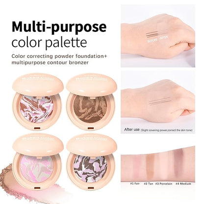 Baked Color Correcting Foundation – Lightweight Airy Finish Powder Makeup with Mirror, Subtle Glow, Oil Control, Long Lasting – Fine Texture for Smooth Light to Medium Coverage (#1 Fair)