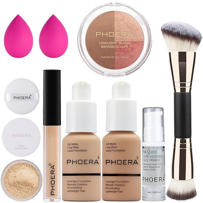 PHOERA Foundation, PHOERA Contour Palette,Shades with Highlighter & Bronzer & Blush,Up to 24 Hour Fresh Wear,PHOERA Concealer Primer Powder (104+105+ #002 Contour/Buff Beige+Sand+#002)
