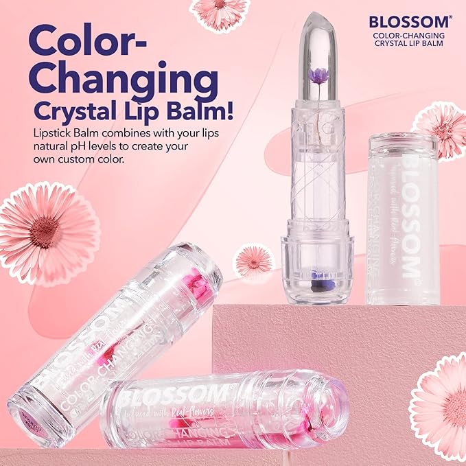 Blossom Moisturizing Scented pH Color Changing Crystal Lip Balm Strawberry Scented Lip Stain Tint, Mini Coconut Rollon Scented Lip Gloss, Infused with Real Flowers, 2 pk, Coconut/Purple