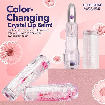Blossom Moisturizing Scented pH Color Changing Crystal Lip Balm Strawberry Scented Lip Stain Tint, Mini Coconut Rollon Scented Lip Gloss, Infused with Real Flowers, 2 pk, Coconut/Purple
