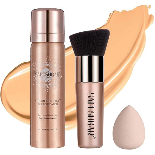AirBrush Foundation Spray, Liquid Foundation Makeup Set, Full-Coverage Foundation Mist for Color Correcting,Concealer, Flawless Look, Matte Finish,Include Brush and Sponge,2.28oz (#4 Warm Beige)