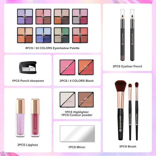 Color Nymph Beginners Makeup Kit With Train Case For Teenagers Girls, Full Starter Cosmetics Set Included 32 Colors Eyeshadow, Bronzer, Contour Powder, Blush, Highlighter, Lip Gloss (Black)