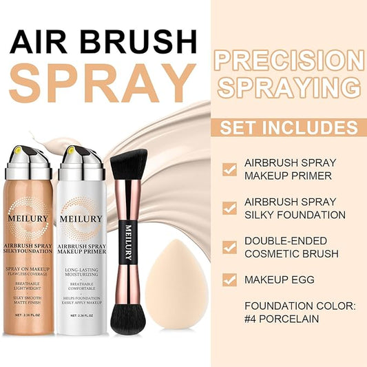 AirBrush Foundation Spray Set, Spray Foundation Makeup and Hydrating Face Air Primer Kit, Longwear Waterproof Liquid Matte Foundation Mist for Flawless Look (04 Porcelain)