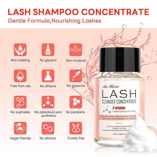 Lash Shampoo Concentrate 60ml Lash Cleanser Concentrate Add Hyaluronic Acid Oil-Free Lash Extension Shampoo Perfect for Salon，Peach