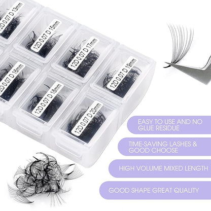 1200 Fans Lash Extension Premade Fans Eyelash Extensions 9-20mm Mixed 12D Eyelash Extension D Curl Pointed Base Volume Lash Extensions Lash Extensions(1200PCS-12D-0.07-D, 9-20mm mixed tray)
