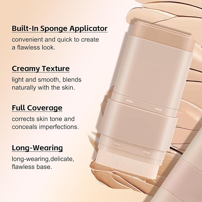 2 in 1 Full Coverage Foundation Stick,Hydrating Lightweight Foundation Makeup Stick,Built-In Applicator,Long-Lasting Cream Concealer,Natural Colour