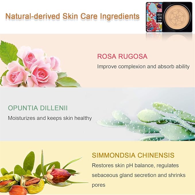 NUIBO Air Cushion CC Cream Mushroom Head, Moisturizing Concealer Makeup Base, Primer Liquid Foundation Long Lasting with Two Mushroom Makeup Sponges 【Natural】