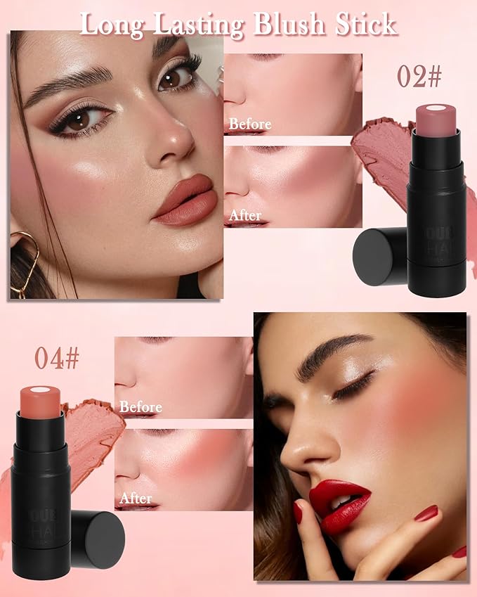 Cream Blush Stick for Cheeks-2Pcs Multi-Use Sandwich Makeup Blush Stick for Eyes Lips Face,Longlasting Tinted Matte Blush, Glow Blendable Blusher with Brush,Women's Day Gift for Women-02+04